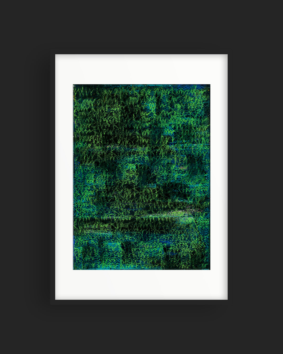 Chirografisches Unikat in Kreide und Ölpastell auf Karton, gerahmt mit schwarzem Rahmen und Passepartout auf dunkelgrauem Hintergrund