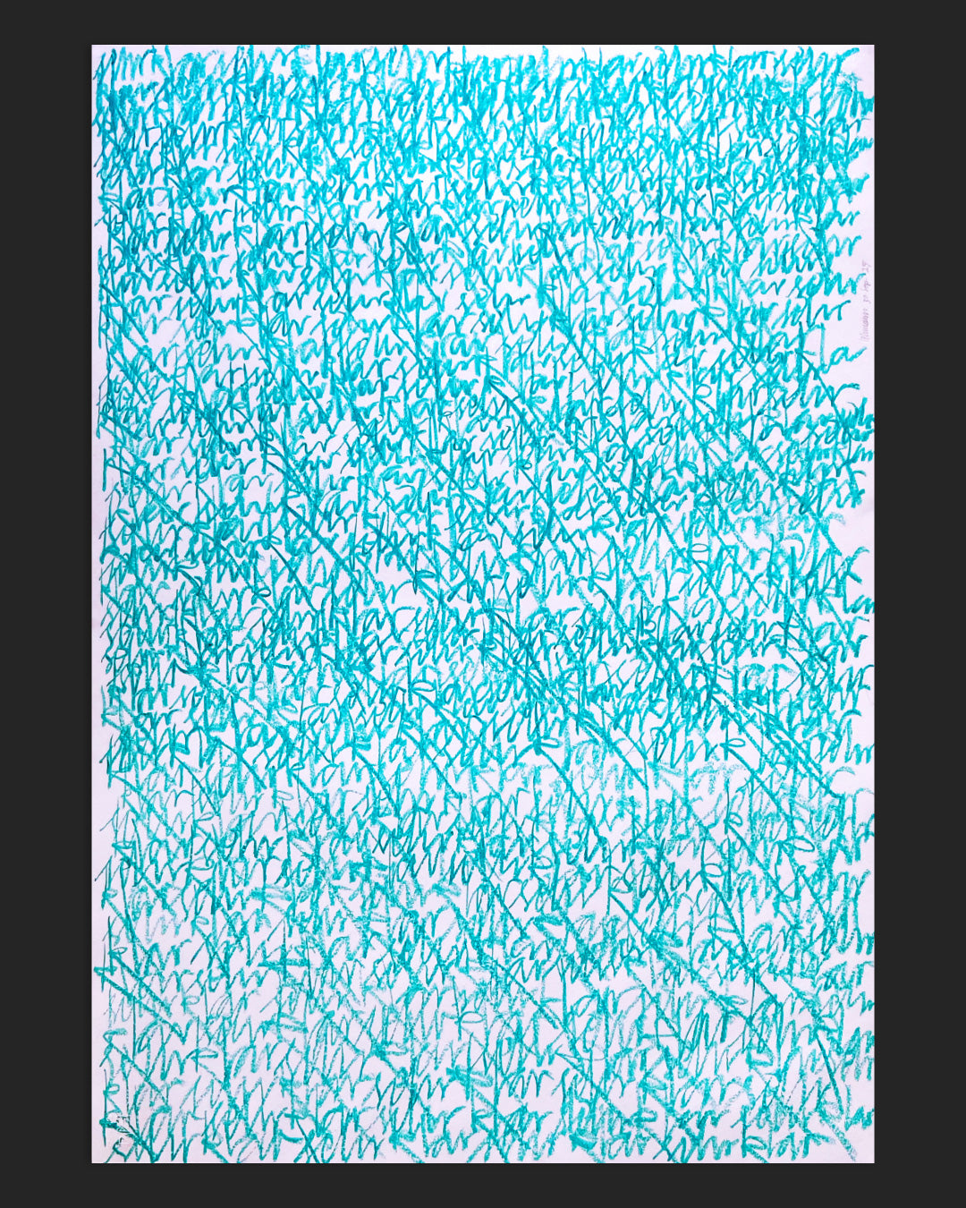 Blaues Ölpastell auf weißem Papier im Format 70 × 100 cm, handgeschrieben und signiert