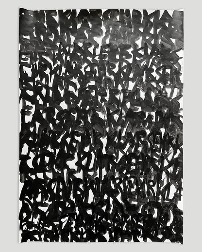 Chirografisches Unikat mit schwarzer Tusche auf Papier vor hellgrauem Hintergrund, ungerahmt