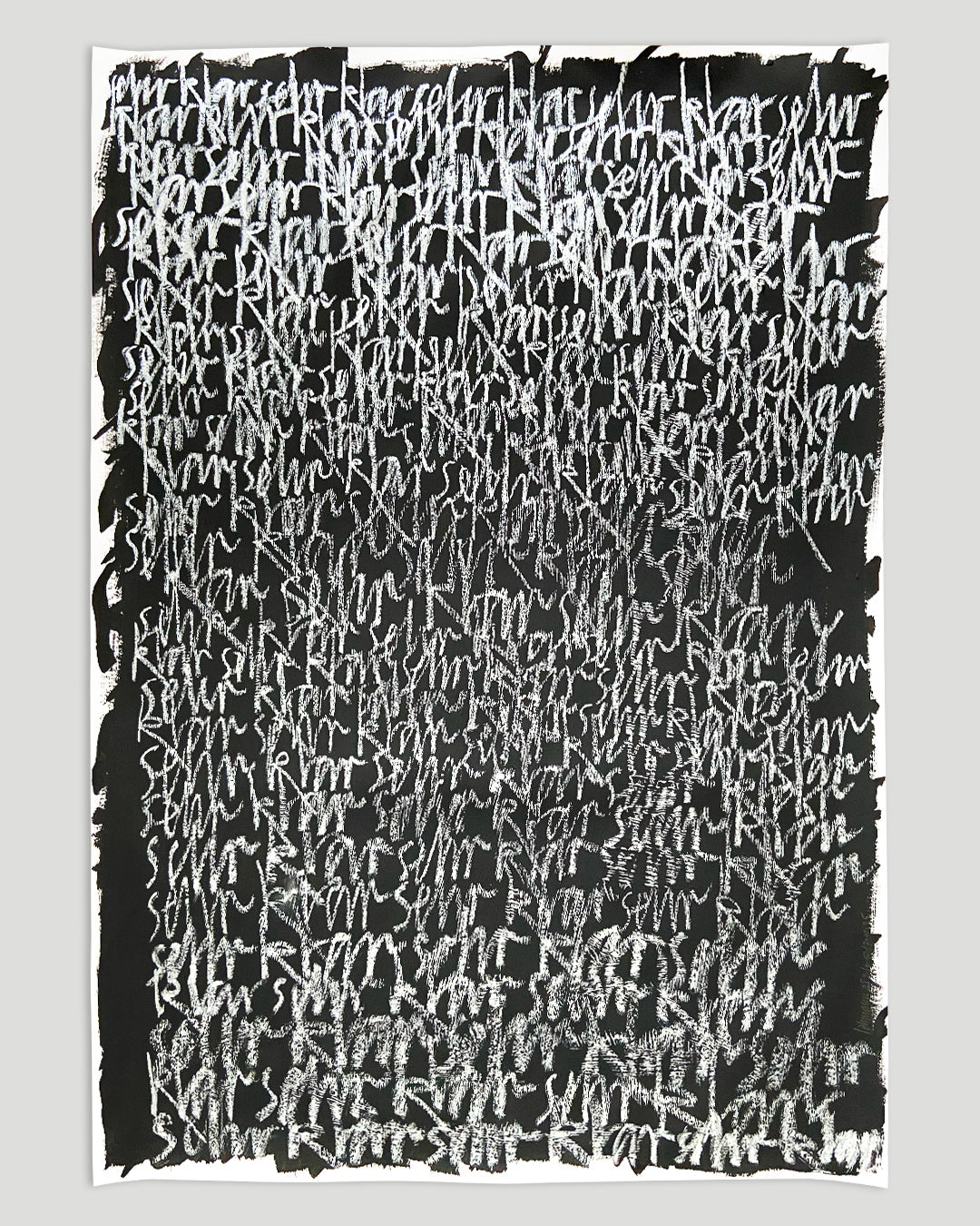 Chirografisches Mixed-Media-Unikat, gerahmt in schwarzem Rahmen vor hellgrauem Hintergrund