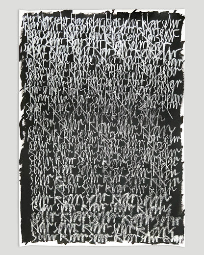 Chirografisches Mixed-Media-Unikat, gerahmt in schwarzem Rahmen vor hellgrauem Hintergrund