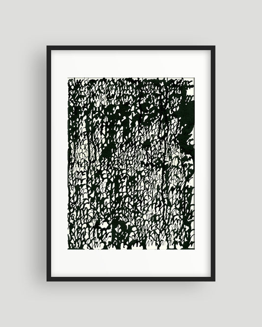 Chirografisches Unikat in schwarzer Tusche auf cremefarbenem Karton, gerahmt mit schwarzem Rahmen und Passepartout auf hellgrauem Hintergrund