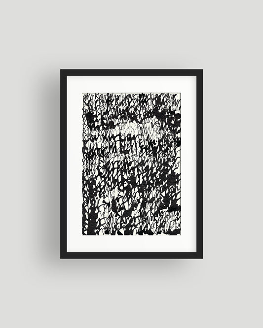 Chirografisches Unikat in schwarzer Tusche auf cremefarbenem Karton, 12,5 × 18 cm, gerahmt mit schwarzem Rahmen und Passepartout auf grauem Hintergrund