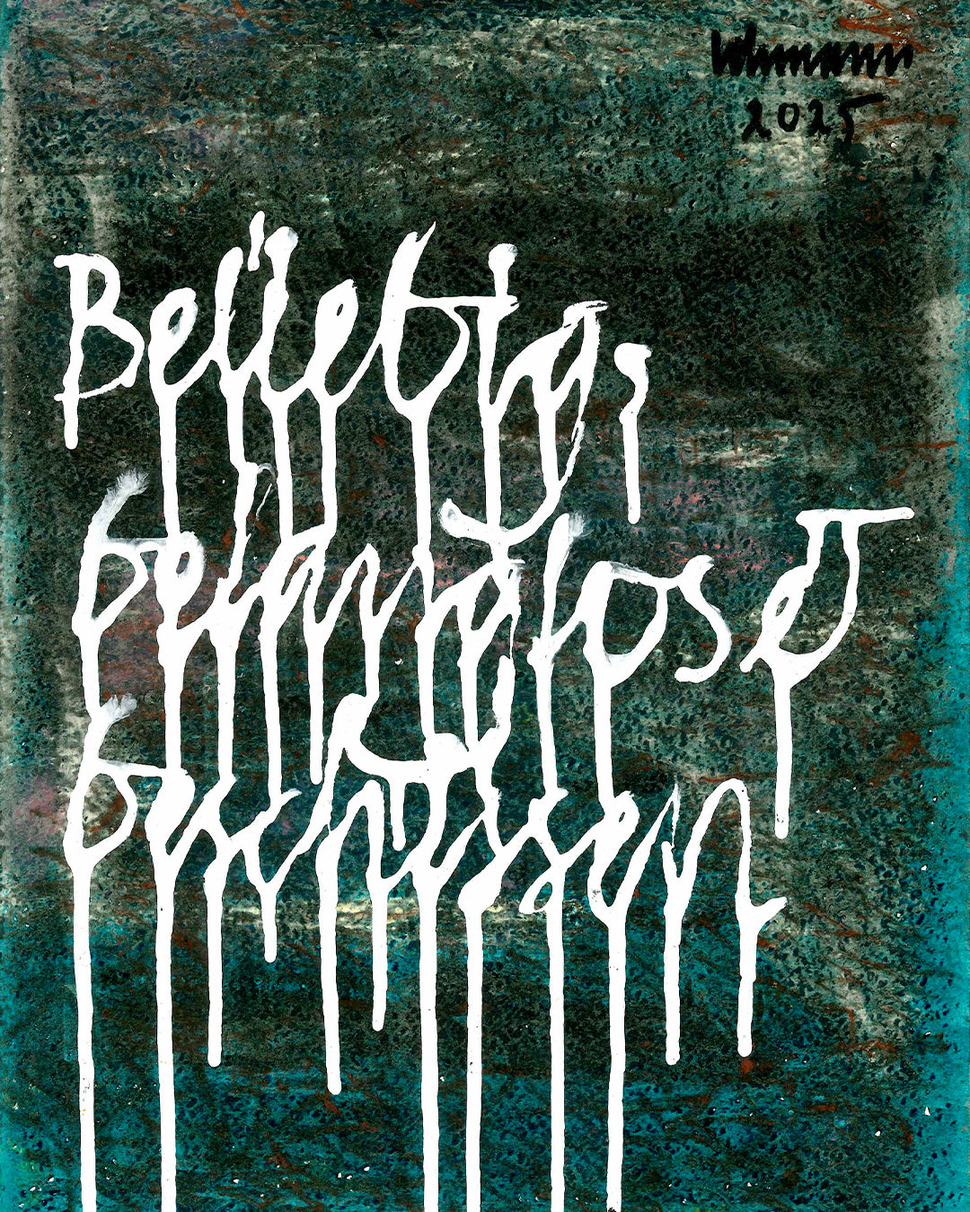 Nahaufnahme eines chirografischen Mixed-Media-Unikats mit den Worten „Beliebig, belanglos & beschissen“ auf Karton, signiert