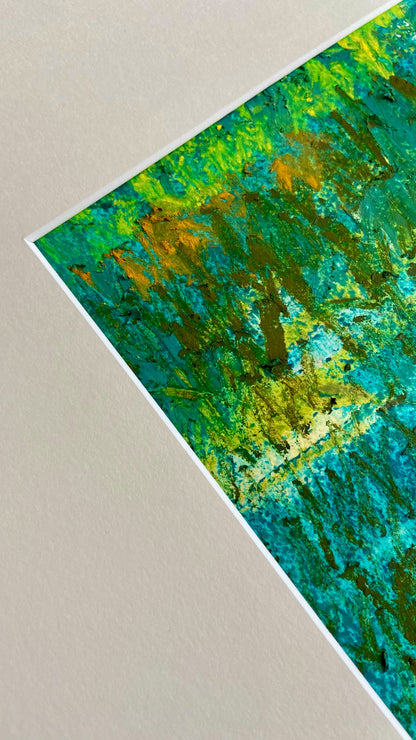 Detailaufnahme einer mehrfarbigen Chirografie in Ölpastell und Kreide auf Karton, gerahmt mit Passepartout