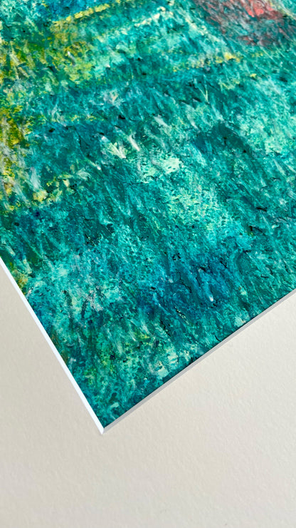 Ausschnitt einer mehrfarbigen Chirografie in Ölpastell und Kreide auf Karton, gerahmt mit Passepartout