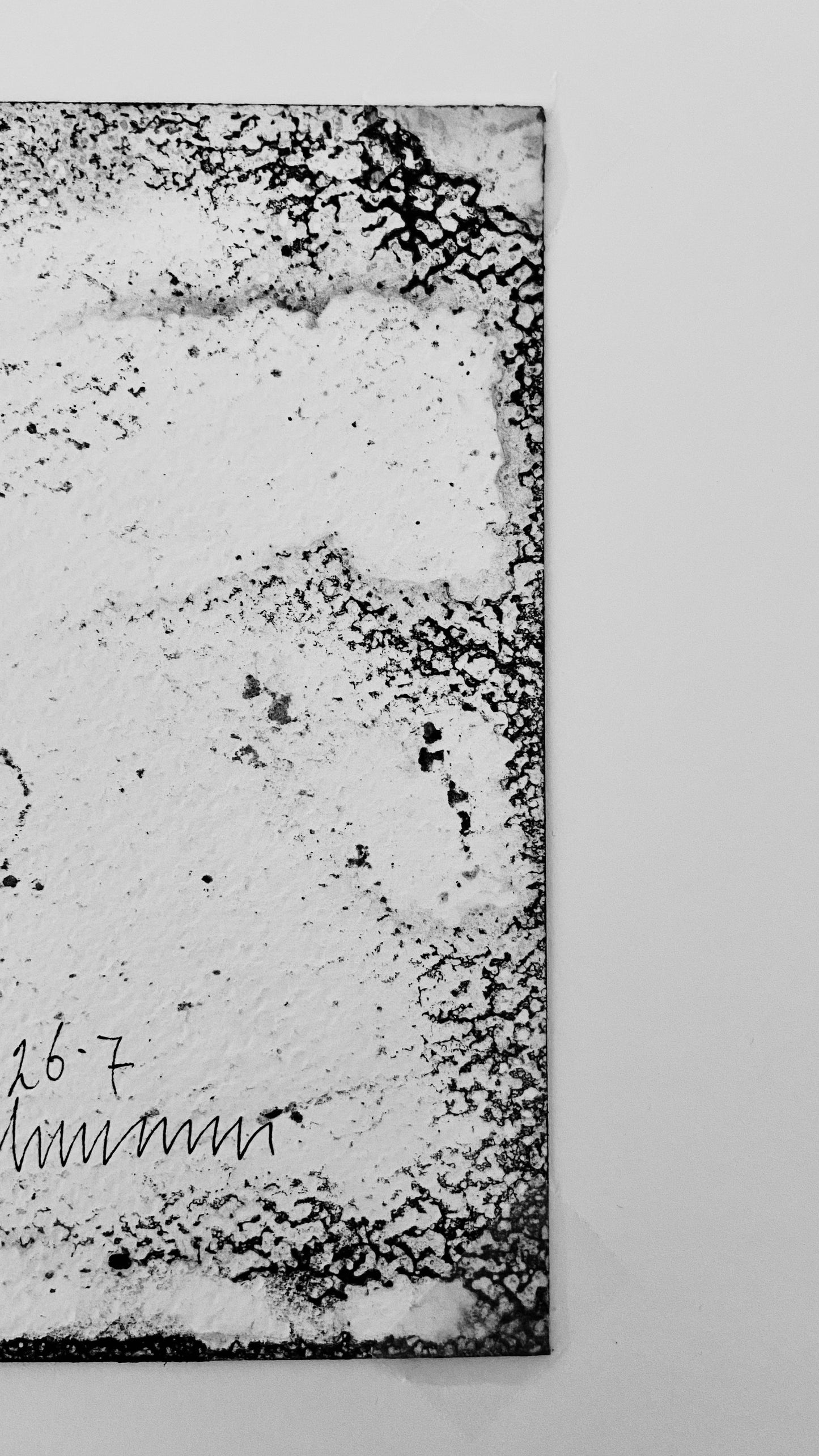Schwarzweißaufnahme der Rückseite einer Chirografie auf Karton, versehen mit Titel und Signatur, gerahmt mit Passepartout