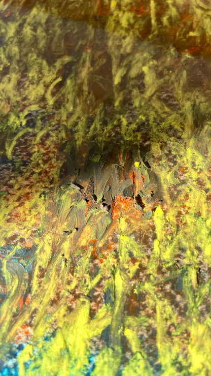 Detail einer mehrfarbigen Chirografie in Kreide und Ölpastell