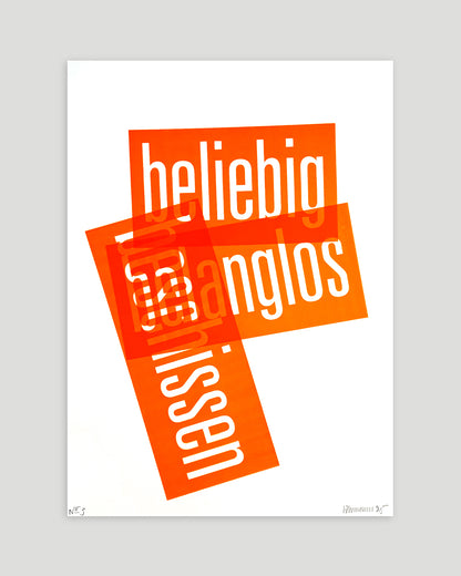 Siebruck mit den Worten »beliebig«, »belanglos« und »beschissen« in Neonorange, gesetzt in schmaler Groteskschrift auf weißem Karton, ungerahmt auf hellgrauem Hintergrund, nummeriert und signiert