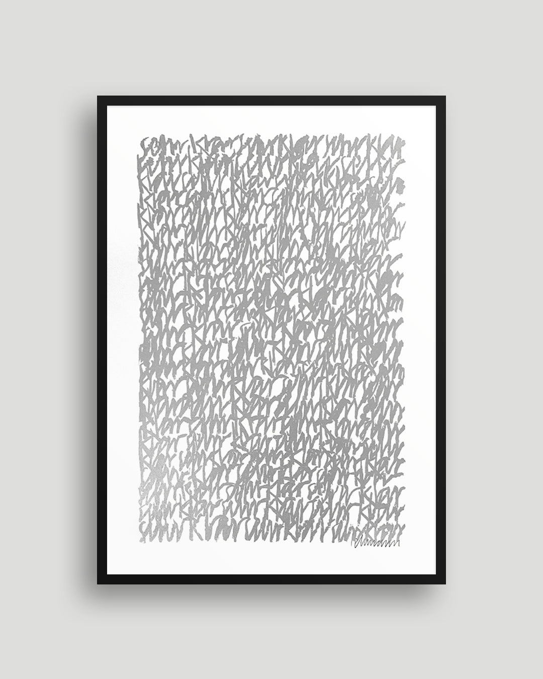Handgefertigter Siebdruck »sehr klar« im schwarzen Rahmen; signierte Originalgrafik in Silber auf DIN A3.
