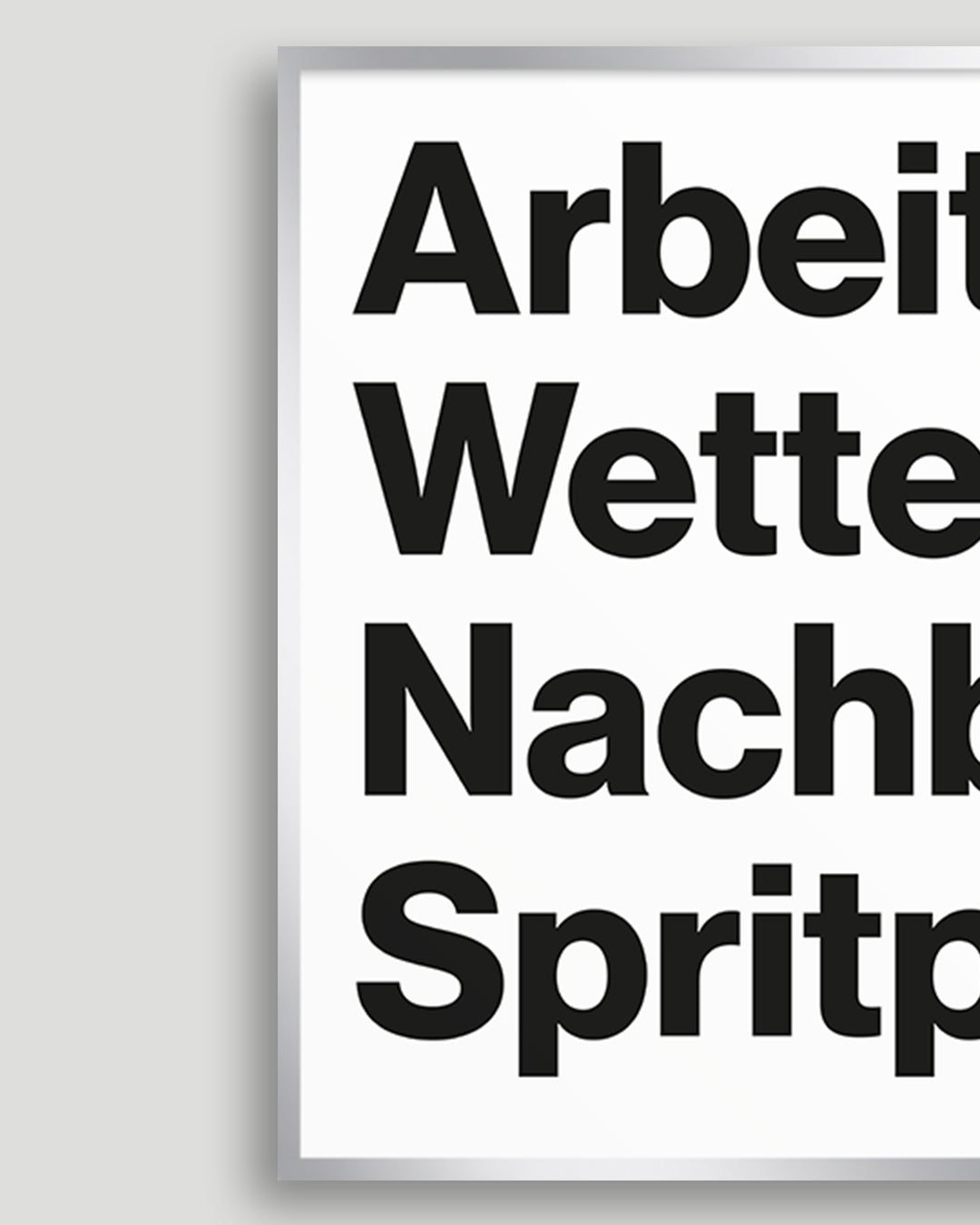 Detailaufnahme des Siebdrucks »Arbeit & Wetter & Nachbarn & Spritpreis.« mit kräftiger Typografie, gesetzt in der Schrift Neue Haas Grotesk.
