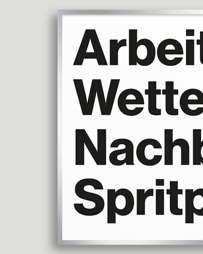 Detailaufnahme des Siebdrucks »Arbeit & Wetter & Nachbarn & Spritpreis.« mit kräftiger Typografie, gesetzt in der Schrift Neue Haas Grotesk.