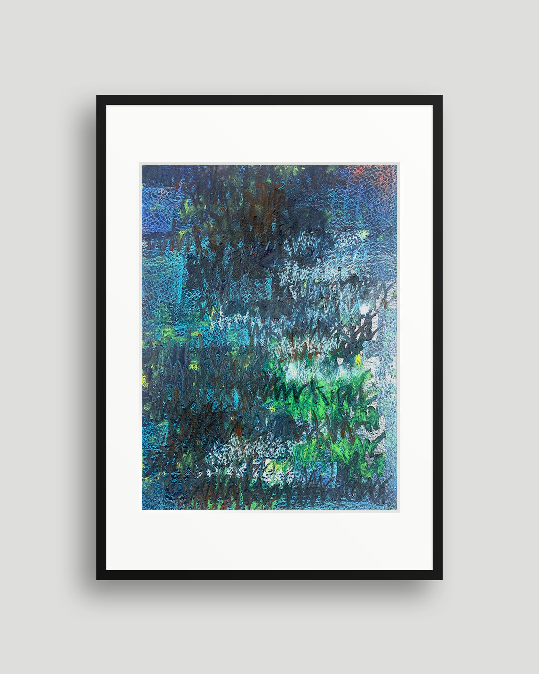 Chirografisches Unikat in Kreide und Ölpastell auf Karton, gerahmt mit schwarzem Rahmen und Passepartout auf hellgrauem Hintergrund