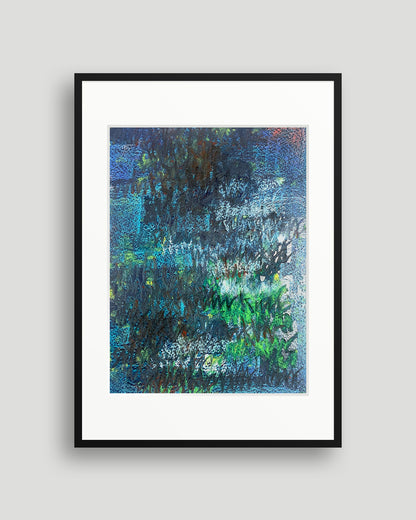 Chirografisches Unikat in Kreide und Ölpastell auf Karton, gerahmt mit schwarzem Rahmen und Passepartout auf hellgrauem Hintergrund