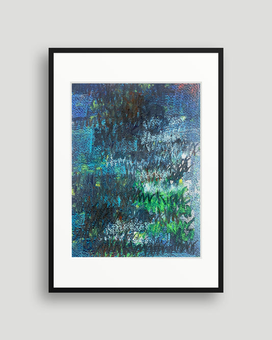 Chirografisches Unikat in Kreide und Ölpastell auf Karton, gerahmt mit schwarzem Rahmen und Passepartout auf hellgrauem Hintergrund