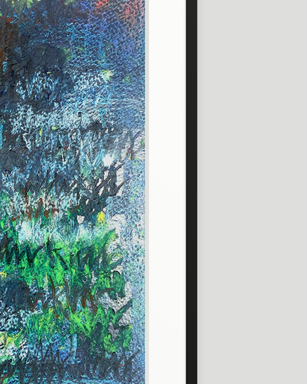 Rechte Seite eines chirografischen Unikats in Kreide und Ölpastell auf Karton, gerahmt mit schwarzem Rahmen und Passepartout auf hellgrauem Hintergrund