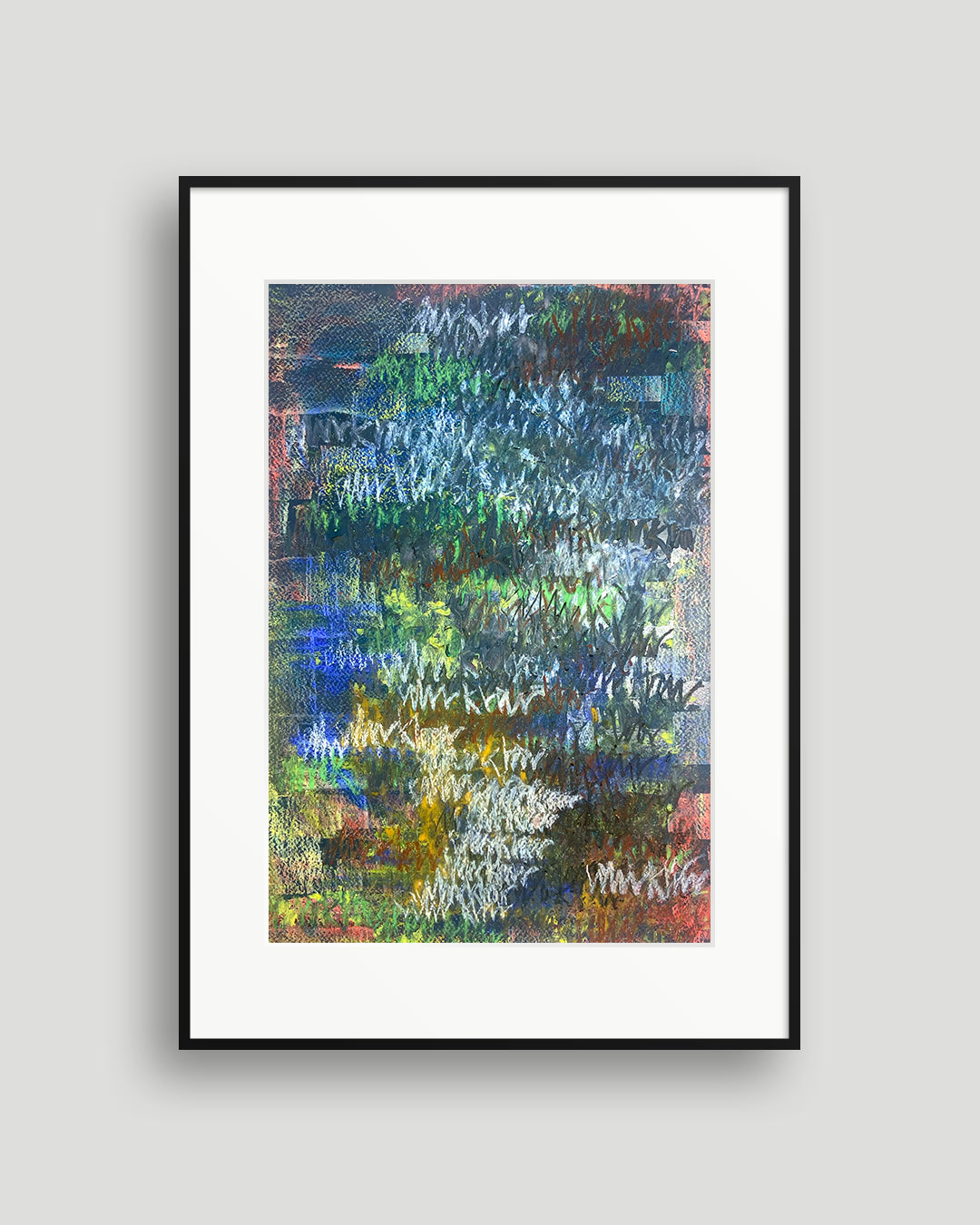 Chirografisches Unikat in Kreide und Ölpastell auf Karton, gerahmt mit schwarzem Rahmen und Passepartout auf hellgrauem Hintergrund