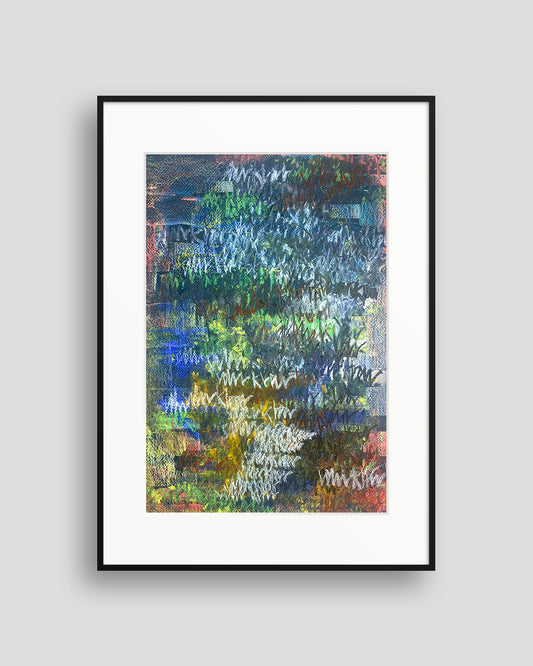 Chirografisches Unikat in Kreide und Ölpastell auf Karton, gerahmt mit schwarzem Rahmen und Passepartout auf hellgrauem Hintergrund