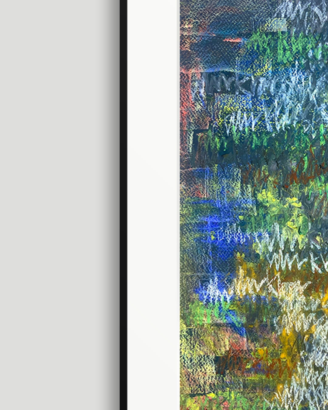 Linke Seite eines chirografischen Unikats in Kreide und Ölpastell auf Karton, gerahmt mit schwarzem Rahmen und Passepartout auf hellgrauem Hintergrund