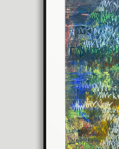 Linke Seite eines chirografischen Unikats in Kreide und Ölpastell auf Karton, gerahmt mit schwarzem Rahmen und Passepartout auf hellgrauem Hintergrund