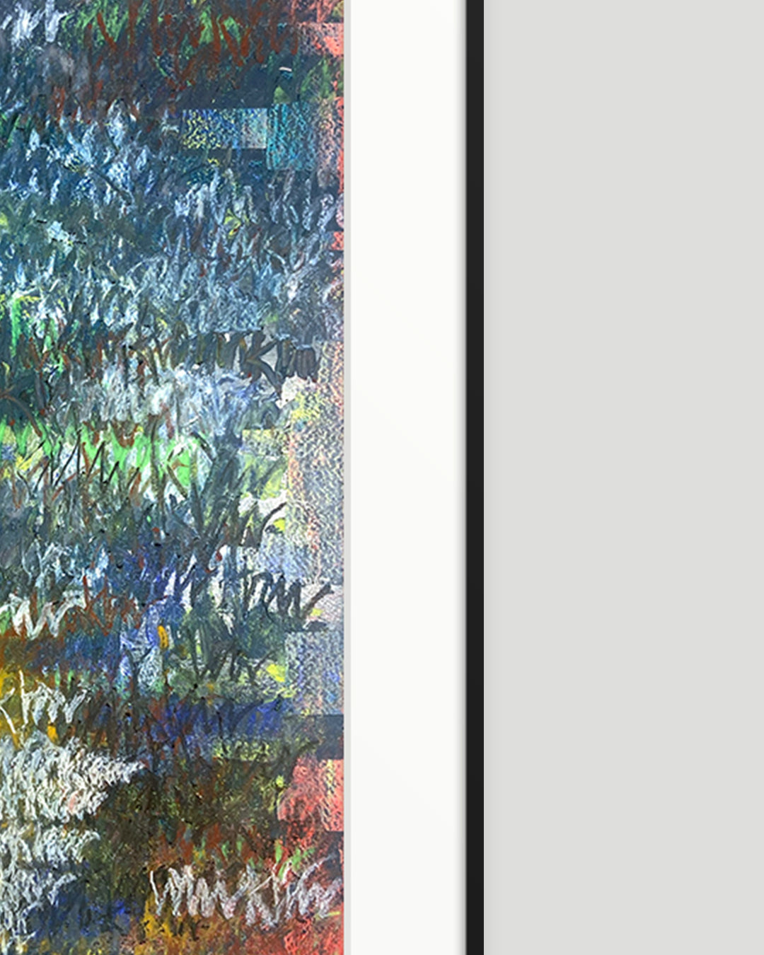 Rechte Seite eines chirografischen Unikats in Kreide und Ölpastell auf Karton, gerahmt mit schwarzem Rahmen und Passepartout auf hellgrauem Hintergrund