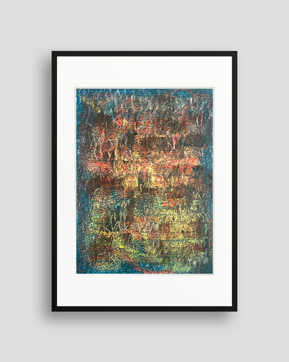 Chirografisches Unikat in Kreide und Ölpastell auf Karton, gerahmt mit schwarzem Rahmen und Passepartout auf hellgrauem Hintergrund