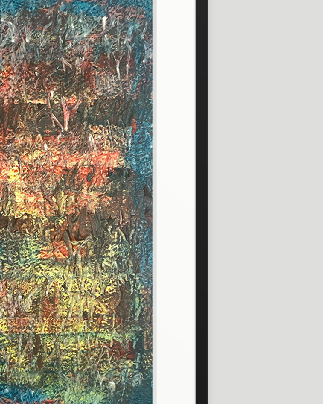 Rechte Seite eines chirografischen Unikats in Kreide und Ölpastell auf Karton, gerahmt mit schwarzem Rahmen und Passepartout auf hellgrauem Hintergrund