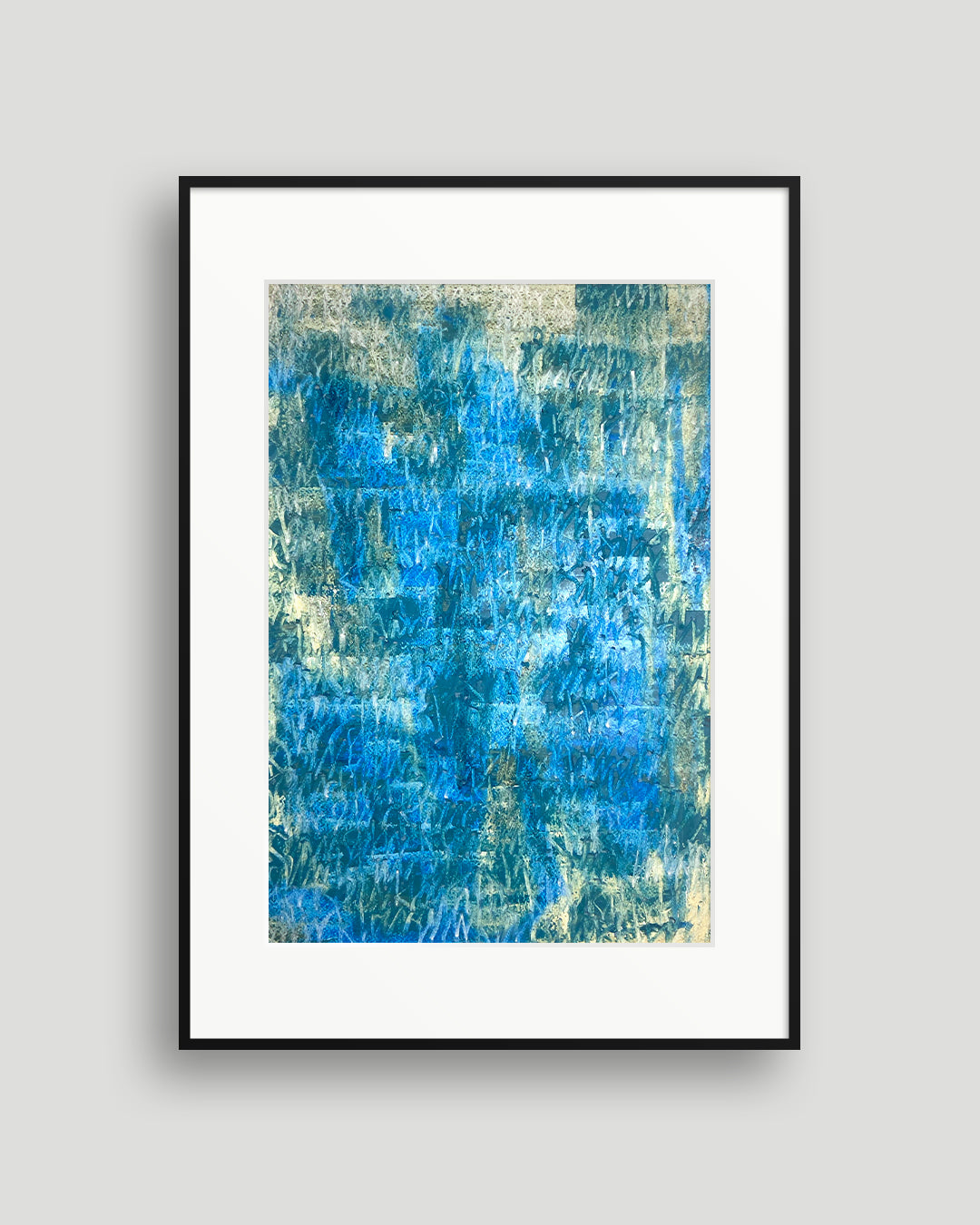 Chirografisches Unikat in Kreide und Ölpastell auf Karton, gerahmt mit schwarzem Rahmen und Passepartout auf hellgrauem Hintergrund