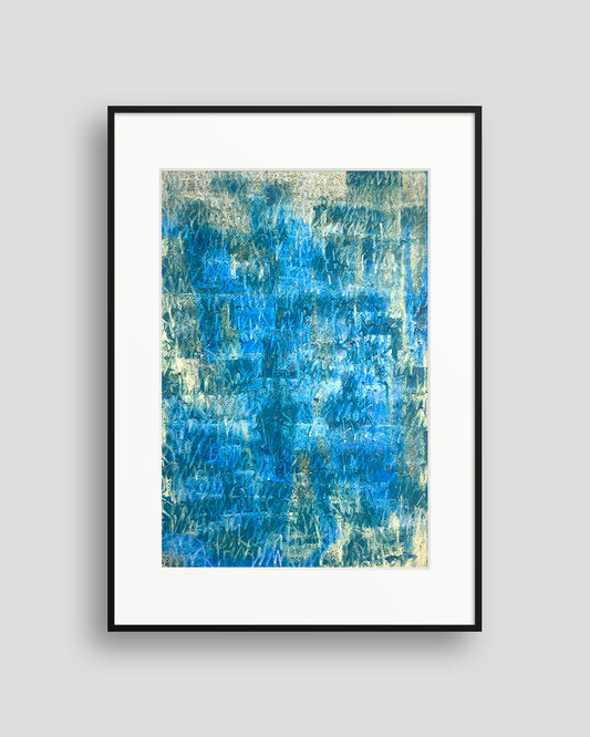 Chirografisches Unikat in Kreide und Ölpastell auf Karton, gerahmt mit schwarzem Rahmen und Passepartout auf hellgrauem Hintergrund