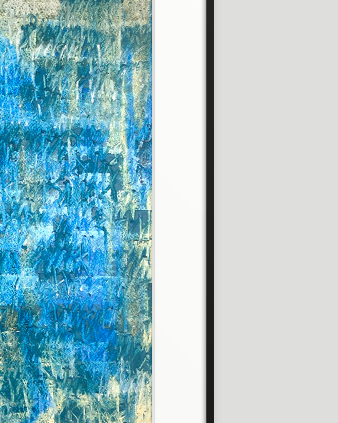 Rechte Seite eines chirografischen Unikats in Kreide und Ölpastell auf Karton, gerahmt mit schwarzem Rahmen und Passepartout auf hellgrauem Hintergrund