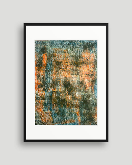 Chirografisches Unikat in Kreide und Ölpastell auf Karton, gerahmt mit schwarzem Rahmen und Passepartout auf hellgrauem Hintergrund