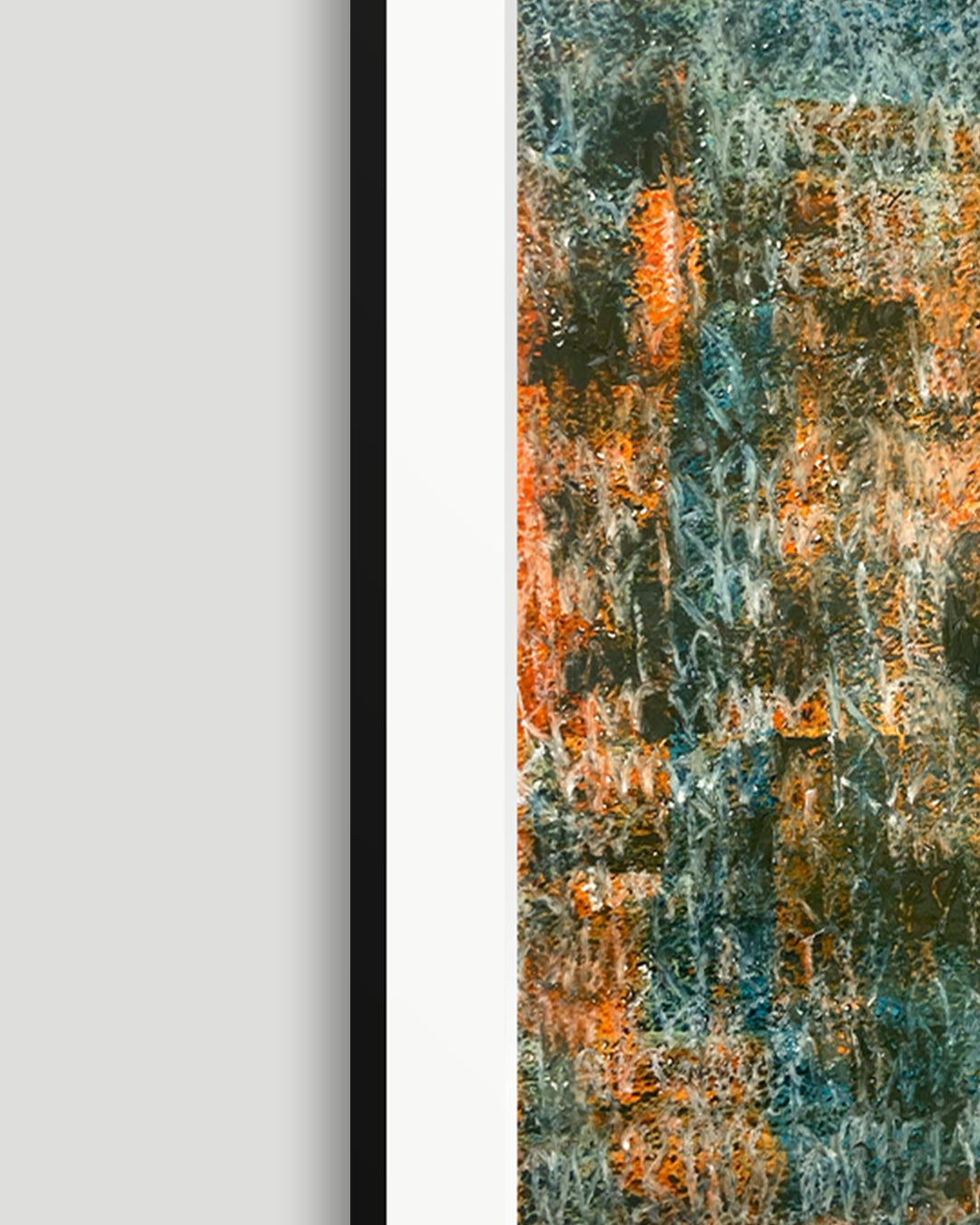 Linke Seite eines chirografischen Unikats in Kreide und Ölpastell auf Karton, gerahmt mit schwarzem Rahmen und Passepartout auf hellgrauem Hintergrund