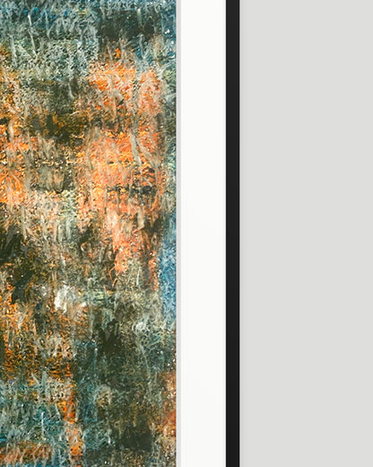 Rechte Seite eines chirografischen Unikats in Kreide und Ölpastell auf Karton, gerahmt mit schwarzem Rahmen und Passepartout auf hellgrauem Hintergrund