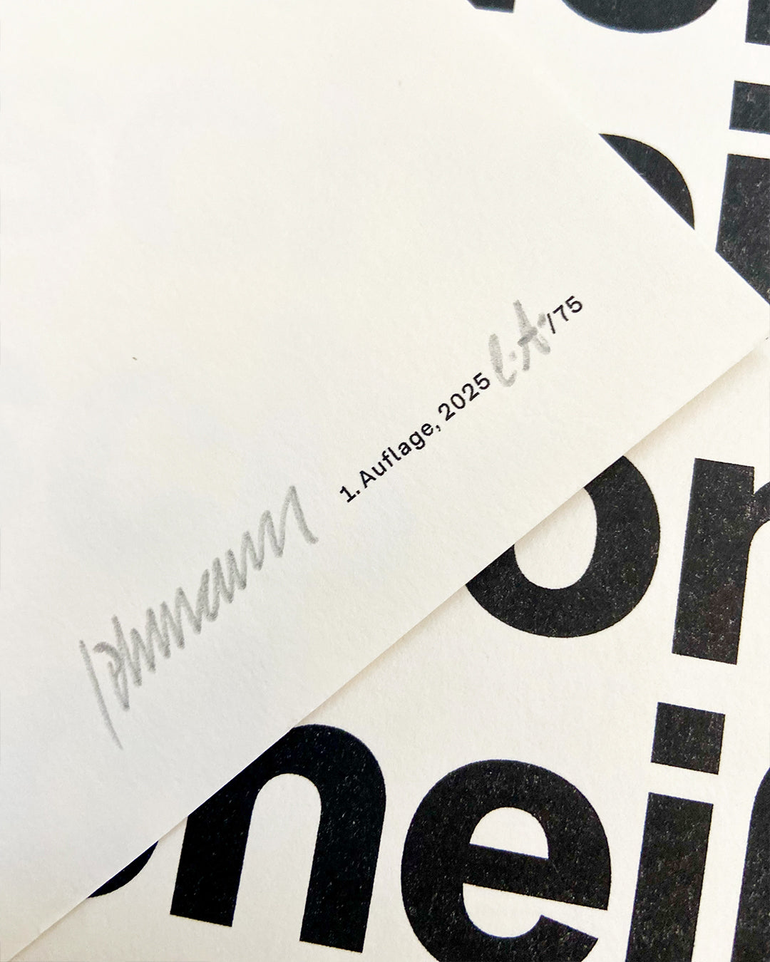 Detailaufnahme des RISO-Druckes der schwarzen Groteskschrift und der Signatur auf cremefarbenen Papier